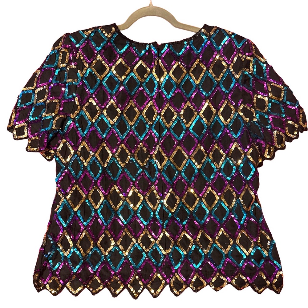 Sténay Sequin Top 1X Plus Size Multi-Color Diamond Pattern Glam Festive - Picture 2 of 4